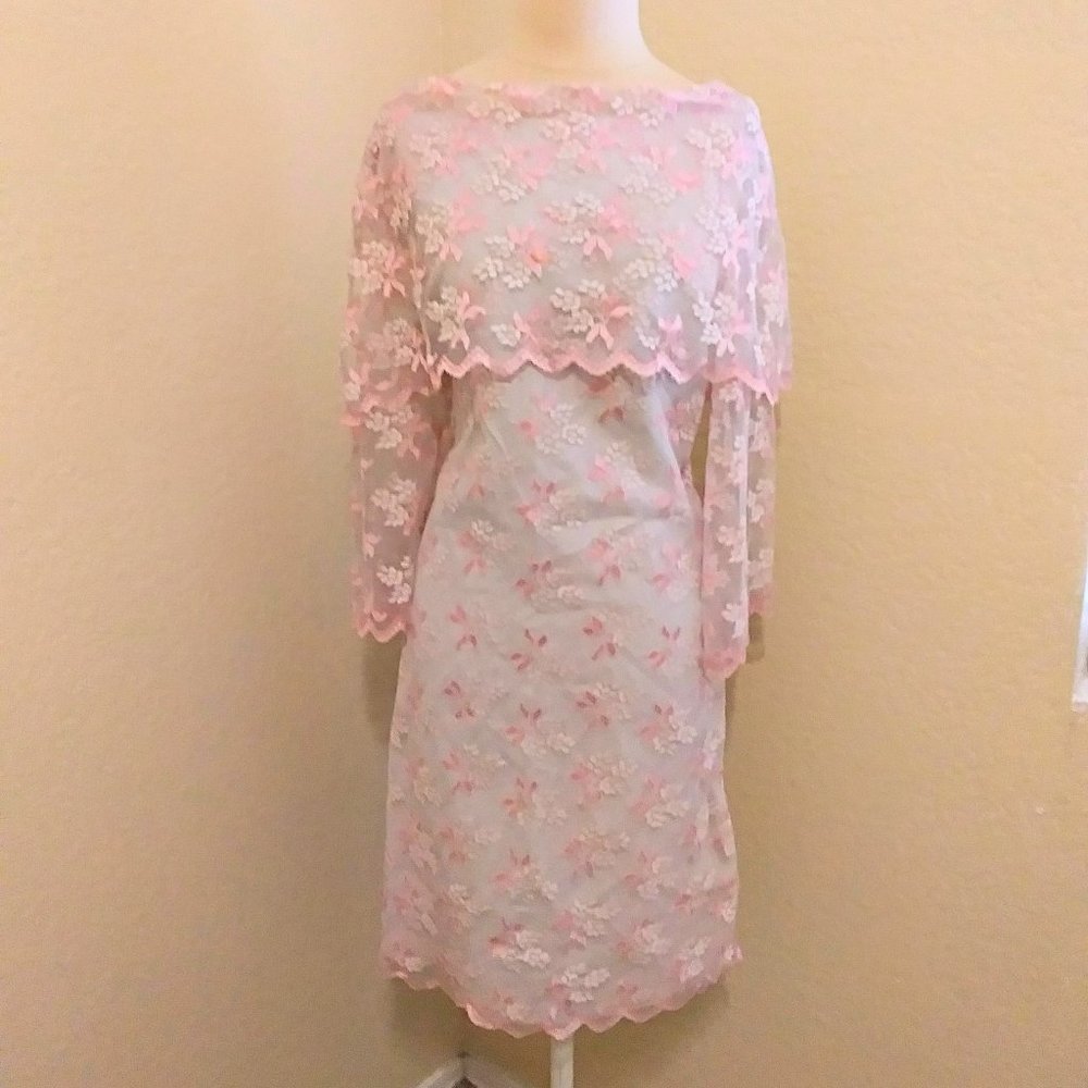 Vintage 1960s Carol Craig Pink mod shift  lace chiffon bell sleeves dress